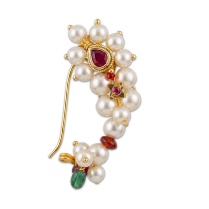Maharashtrian pearl cluster Nath with ruby kundan teardrop centre stone gold star charm and emerald dori tail on white background - Jija Jewellery