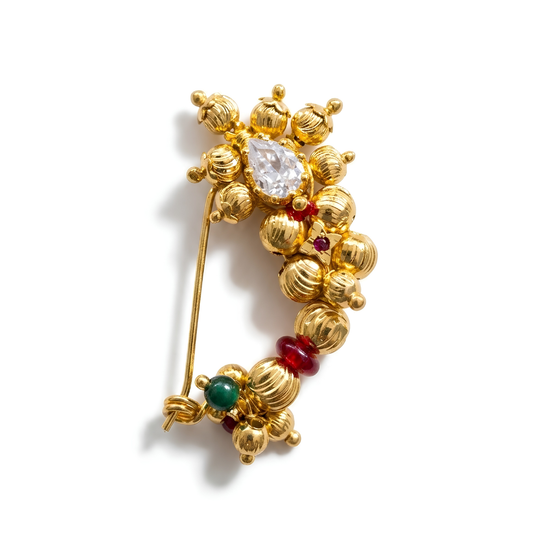 Maharashtrian gold plated CZ Nath with teardrop cubic zirconia centre stone ruby emerald accents and fluted bead cluster pin back - Jija Jewellery