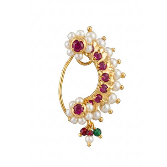 Gold plated Chandra Nath with crescent arc body ruby cabochon flower mounts pearl accents and tri-bead charm drop on white background - Jija Jewellery