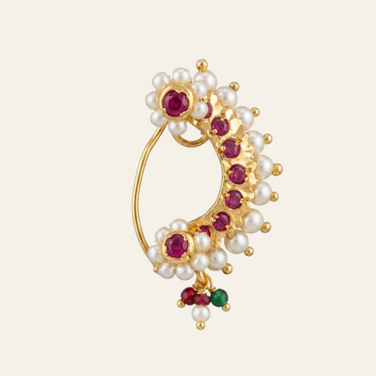 Gold plated Chandra Nath with crescent arc body ruby cabochon flower mounts pearl accents and tri-bead charm drop on white background - Jija Jewellery