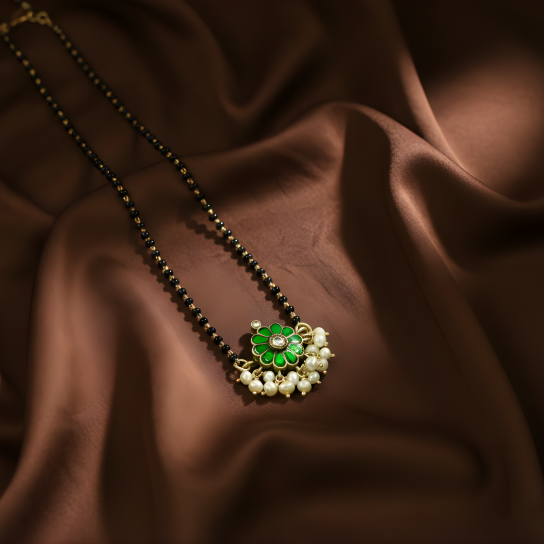 Kundan Stone Silver Mangalsutra | 92.5 Sterling Silver | 16" Traditional Daily Wear | Jija Jewels