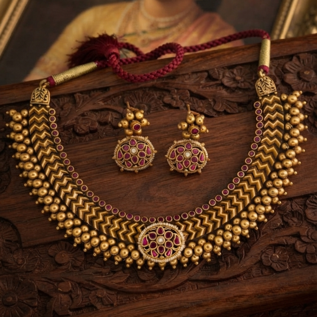 Vazartik Thushi gold look Maharashtrian necklace set with kundan earrings