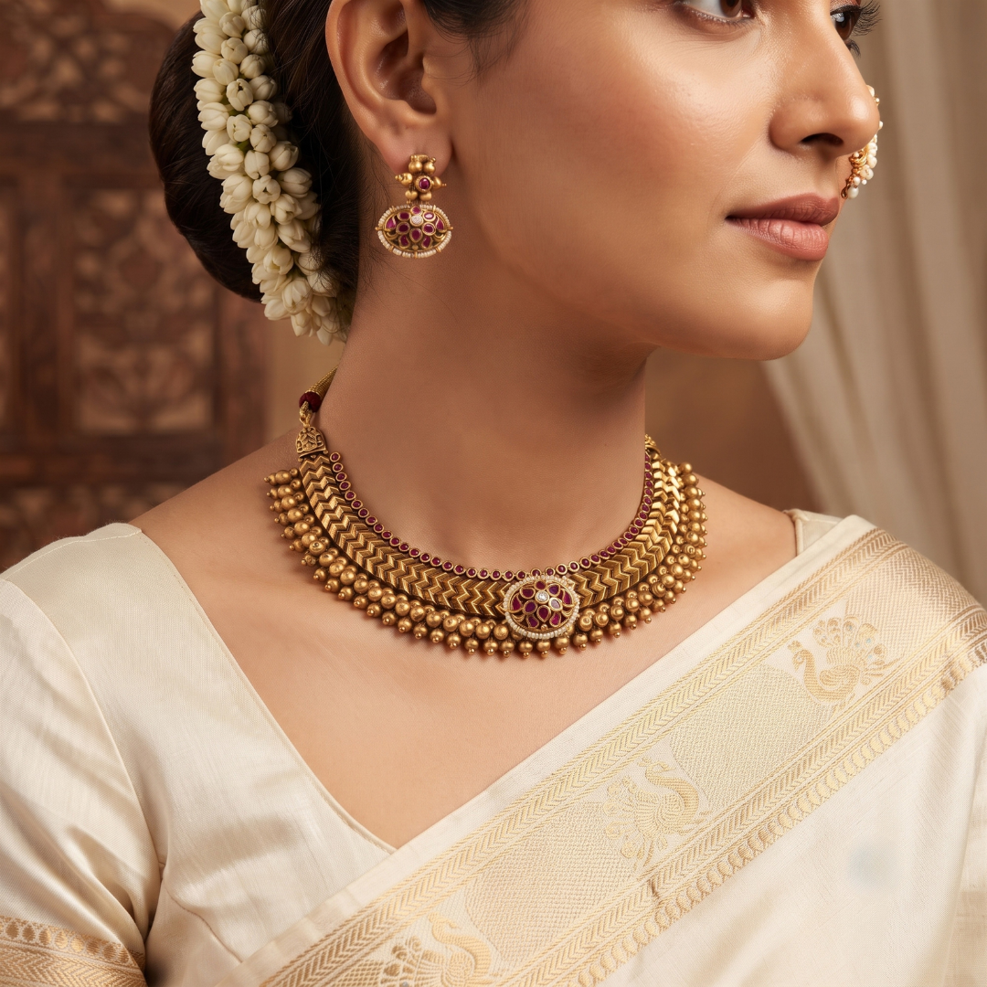 Vazartik Thushi antique gold chevron choker with ruby kundan centrepiece