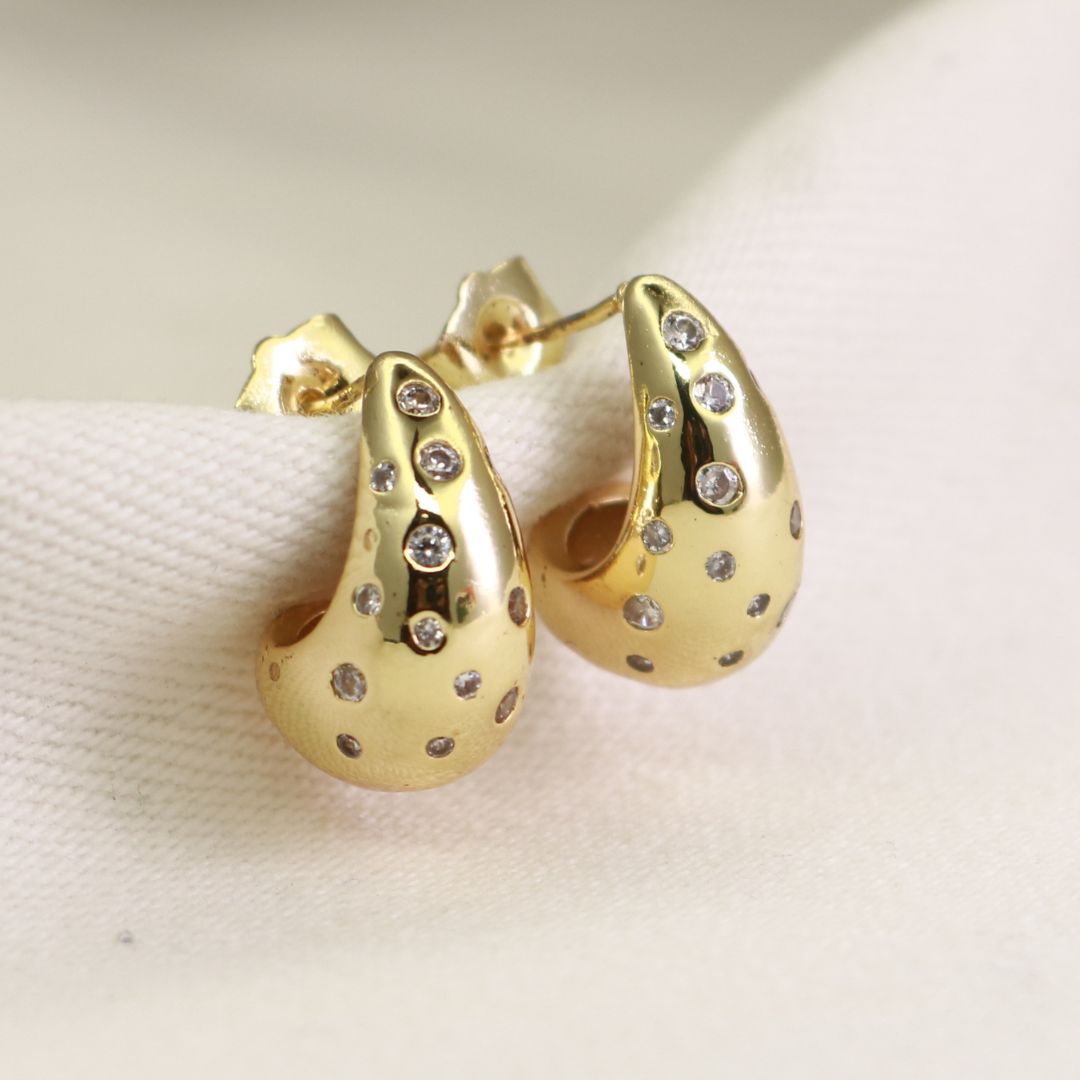 Gold plated teardrop hoop earrings with scattered CZ stones, celestial anti-tarnish dewdrop studs for women by Jija Jewellery