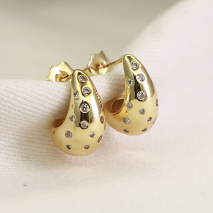 Gold plated teardrop hoop earrings with scattered CZ stones, celestial anti-tarnish dewdrop studs for women by Jija Jewellery