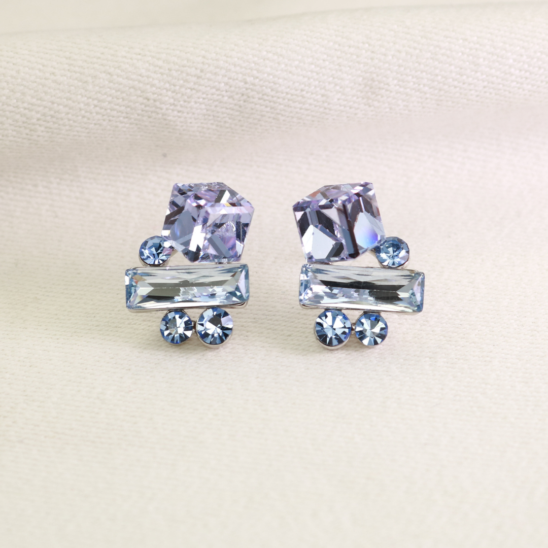 Lavender and blue crystal cluster stud earrings in silver-tone finish by Jija Jewellery