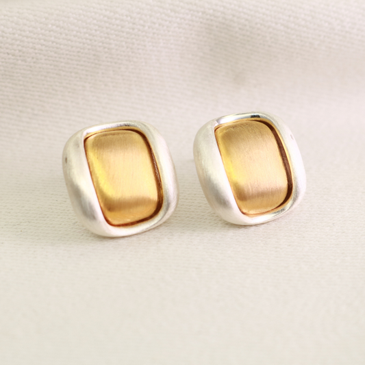 Gold plated square stud earrings with brushed two-tone finish, anti-tarnish geometric studs for women by Jija Jewellery