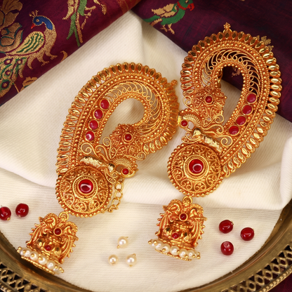 Antique gold-plated Maharashtrian paisley ear cuffs with ruby stones and pearl jhumka drops, handcrafted bridal temple jewellery by Jija Jewellery Satara
