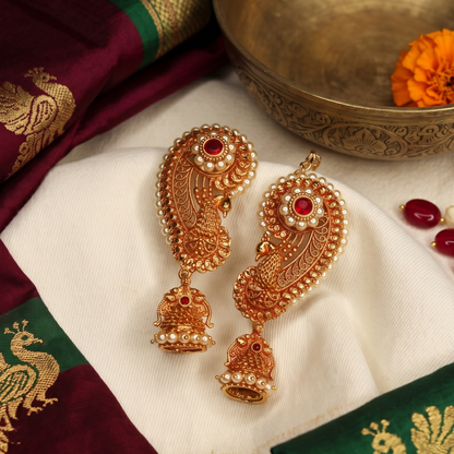 Antique gold-plated paisley peacock ear cuffs with ruby floral top, pearl border and jhumka drops, handcrafted Maharashtrian bridal temple jewellery by Jija Jewellery Satara