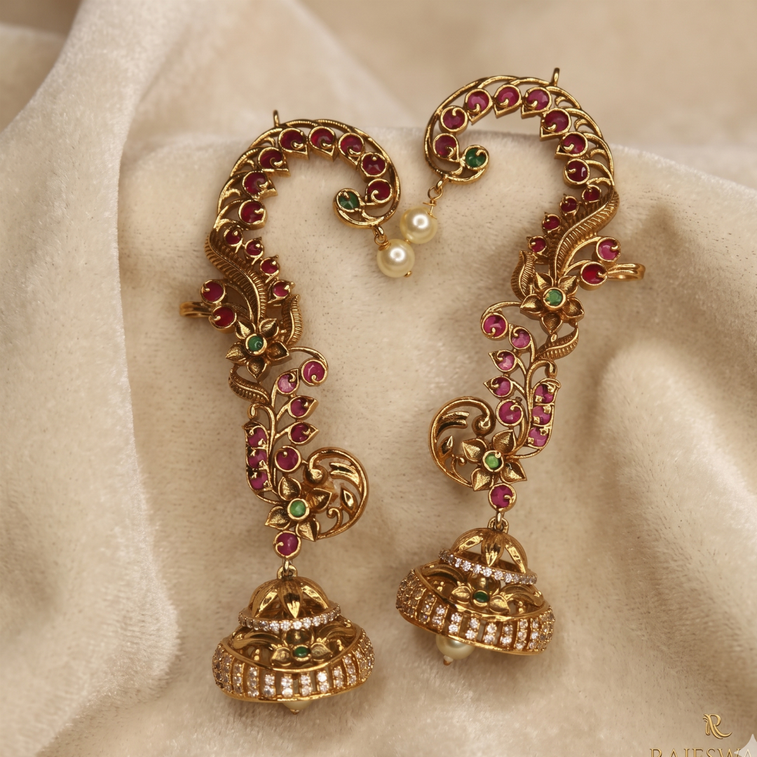 Antique gold-plated Maharashtrian full ear cuffs with ruby and green kemp stones, peacock vine and CZ jhumka drops, handcrafted bridal temple jewellery by Jija Jewellery Satara