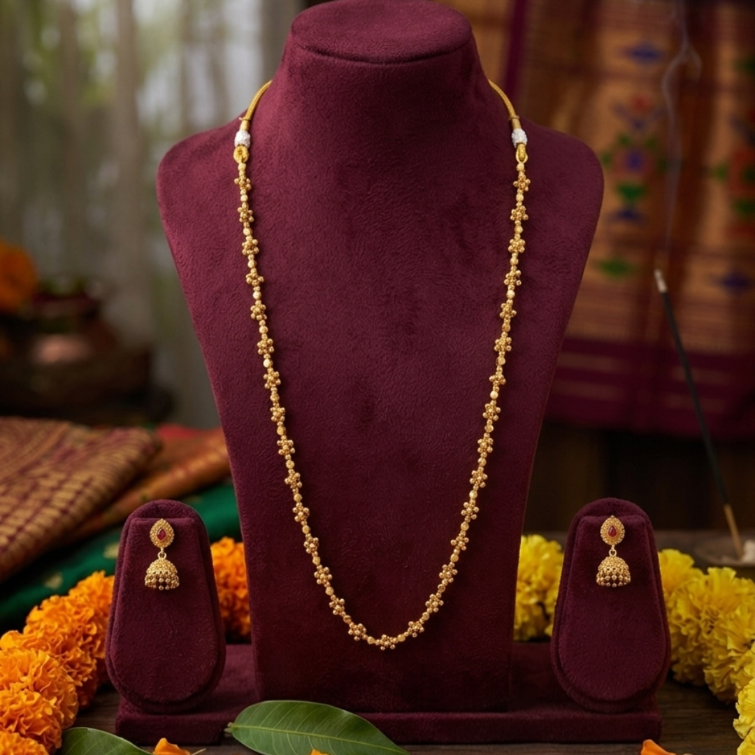 Traditional Maharashtrian Ashtapailu Ghangru Mala with Bell Drops – Gold Plated Ethnic Necklace