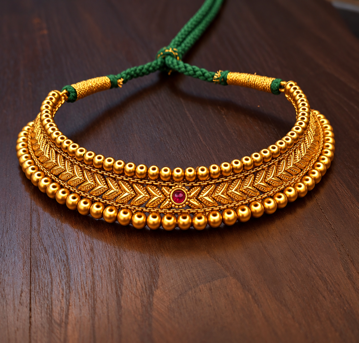 Close-up of handcrafted antique gold thushi choker necklace showing bead detail, on dark wood