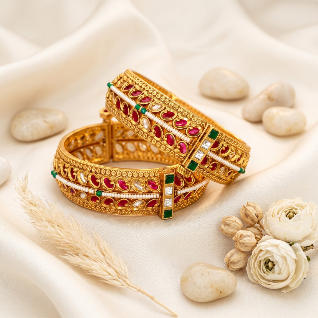 Bridal Kundan bangle for weddings, haldi and mehendi – gold plated stone studded kada