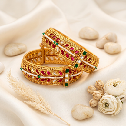 Bridal Kundan bangle for weddings, haldi and mehendi – gold plated stone studded kada