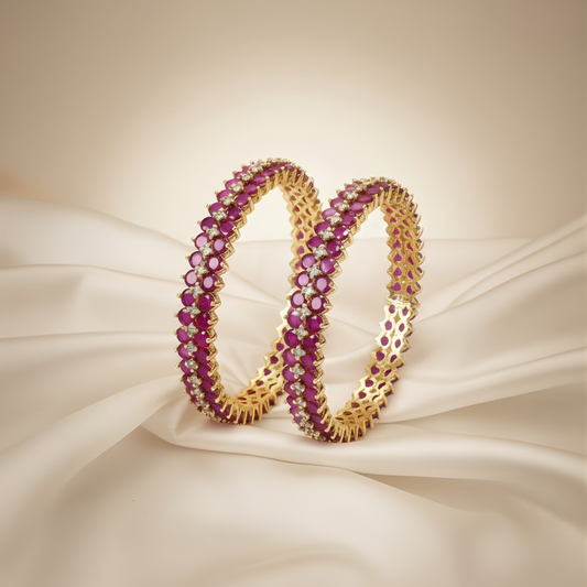 Gold Plated Ruby Stone Bangles with White Stones & Anti-Tarnish Coating
