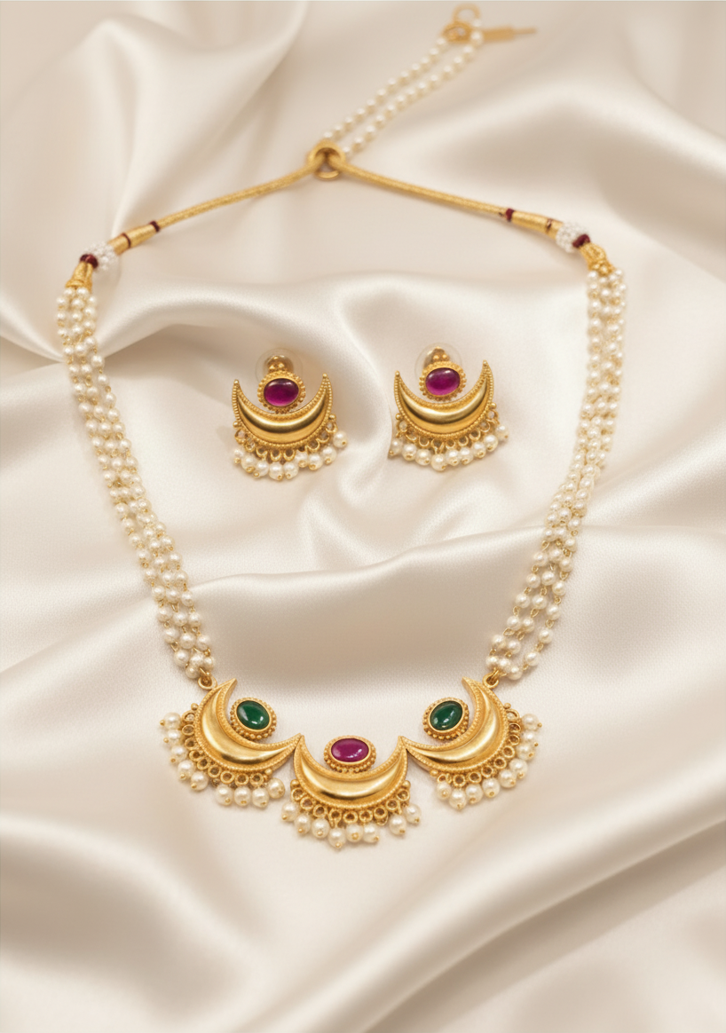 Gold plated Chandrakor pearl necklace with ruby and green stones and stud earrings on ivory satin