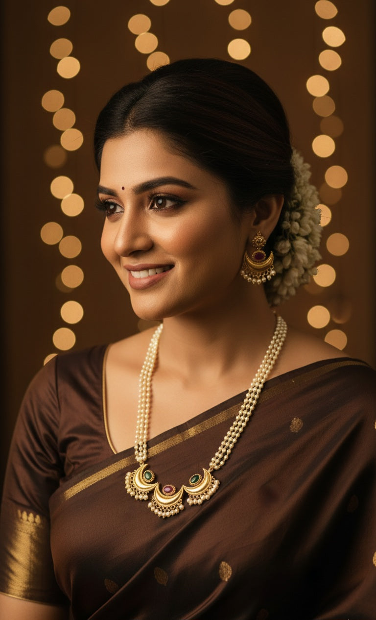 Woman wearing Chandrakor pearl choker with brown silk saree – Maharashtrian bridal jewellery