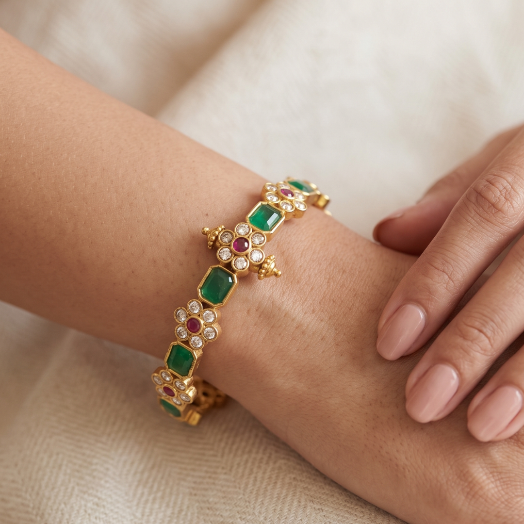 Emerald green floral ruby gold plated bangles