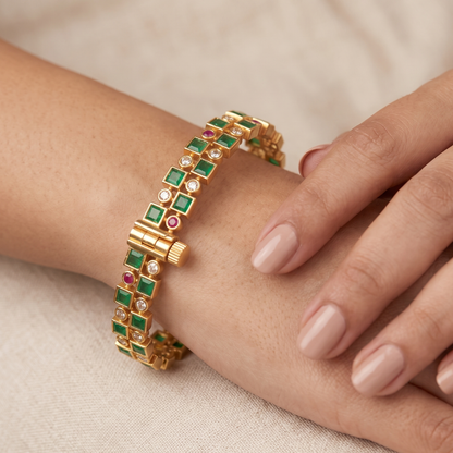 Emerald green ruby checkerboard gold plated bangles