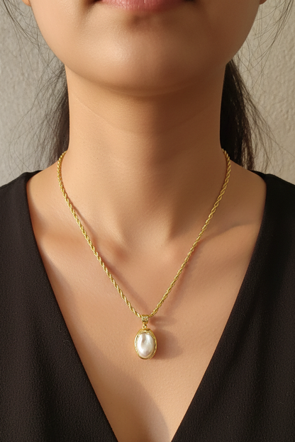Freshwater pearl drop pendant worn closeup — gold plated chain, anti-tarnish finish, Jija Jewellery