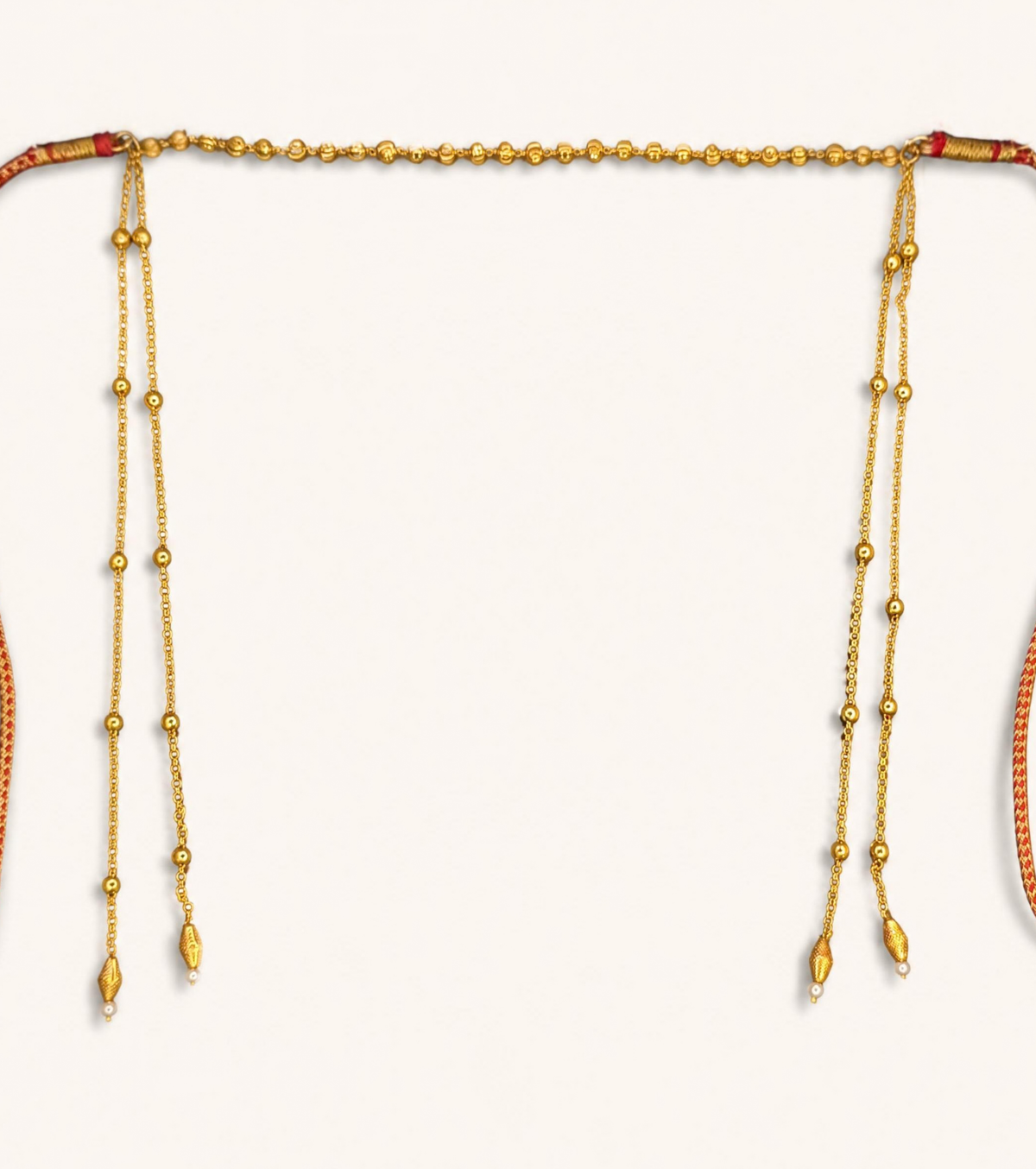 Gold plated chain mundavalya with ball bead strand, double side drops with pearl tips and red thread ties – Jija Jewellery