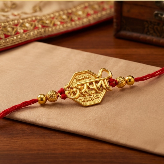 Gold-Plated Chhatrapati Shivaji Maharaj Rakhi — front view, hexagonal pendant with Devanagari inscription, handcrafted in Maharashtra