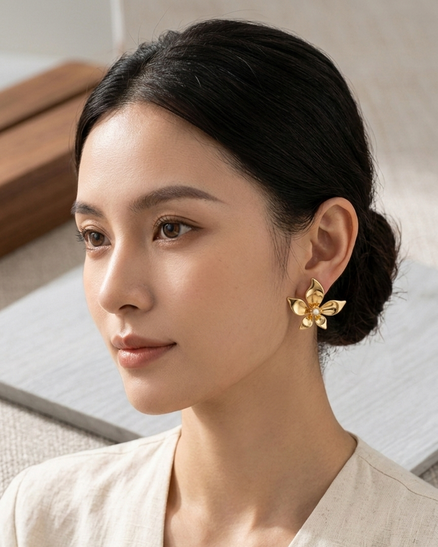 Gold plated floral earrings with pearl center worn closeup — skin-friendly, daily wear, Jija Jewellery