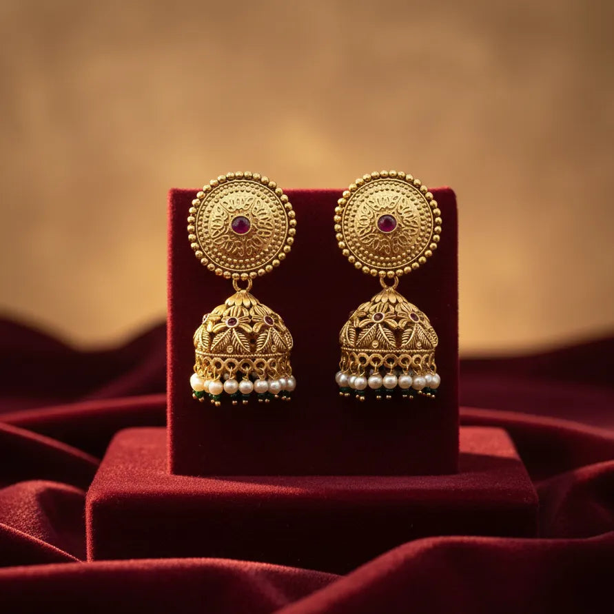 Gold plated jhumka earrings with round red stone top and pearl drops on velvet stand – Jija Jewellery
