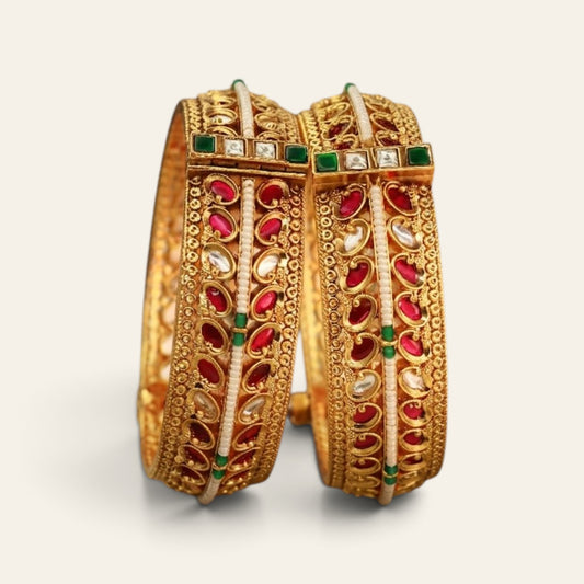 Gold plated Kundan bangles set – pair of stone studded bridal Kundan kadas for women by Jija Jewellery