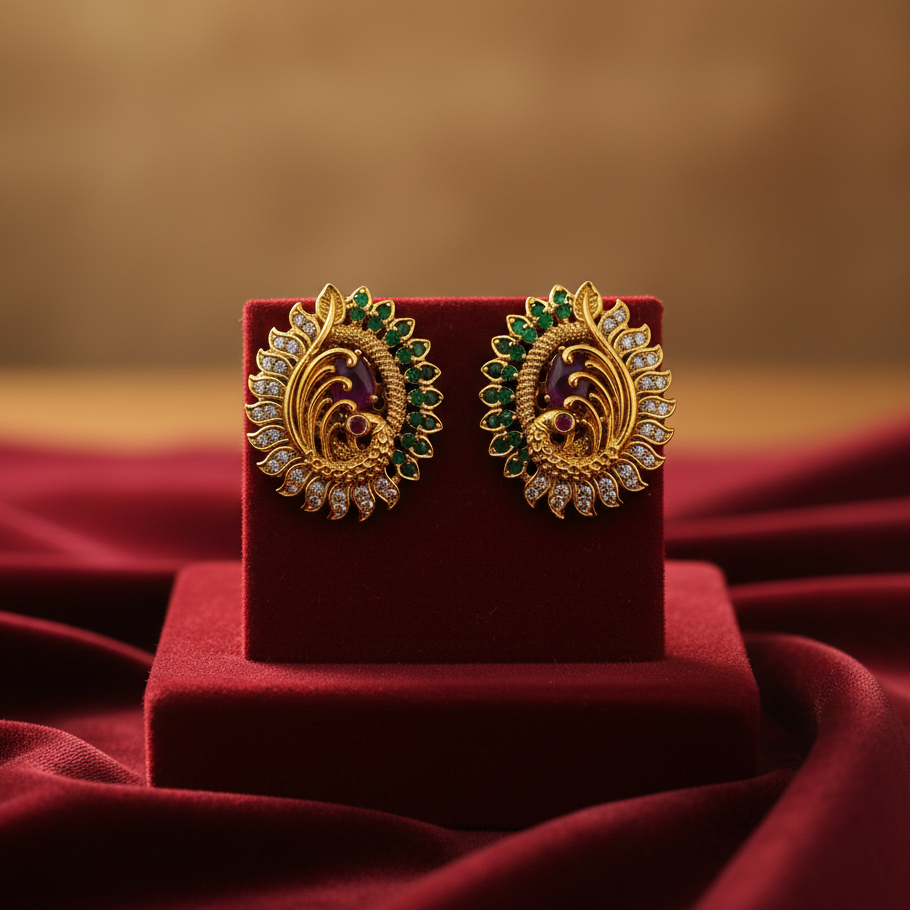 Gold plated peacock earrings with green and pink stones on velvet stand – Jija Jewellery