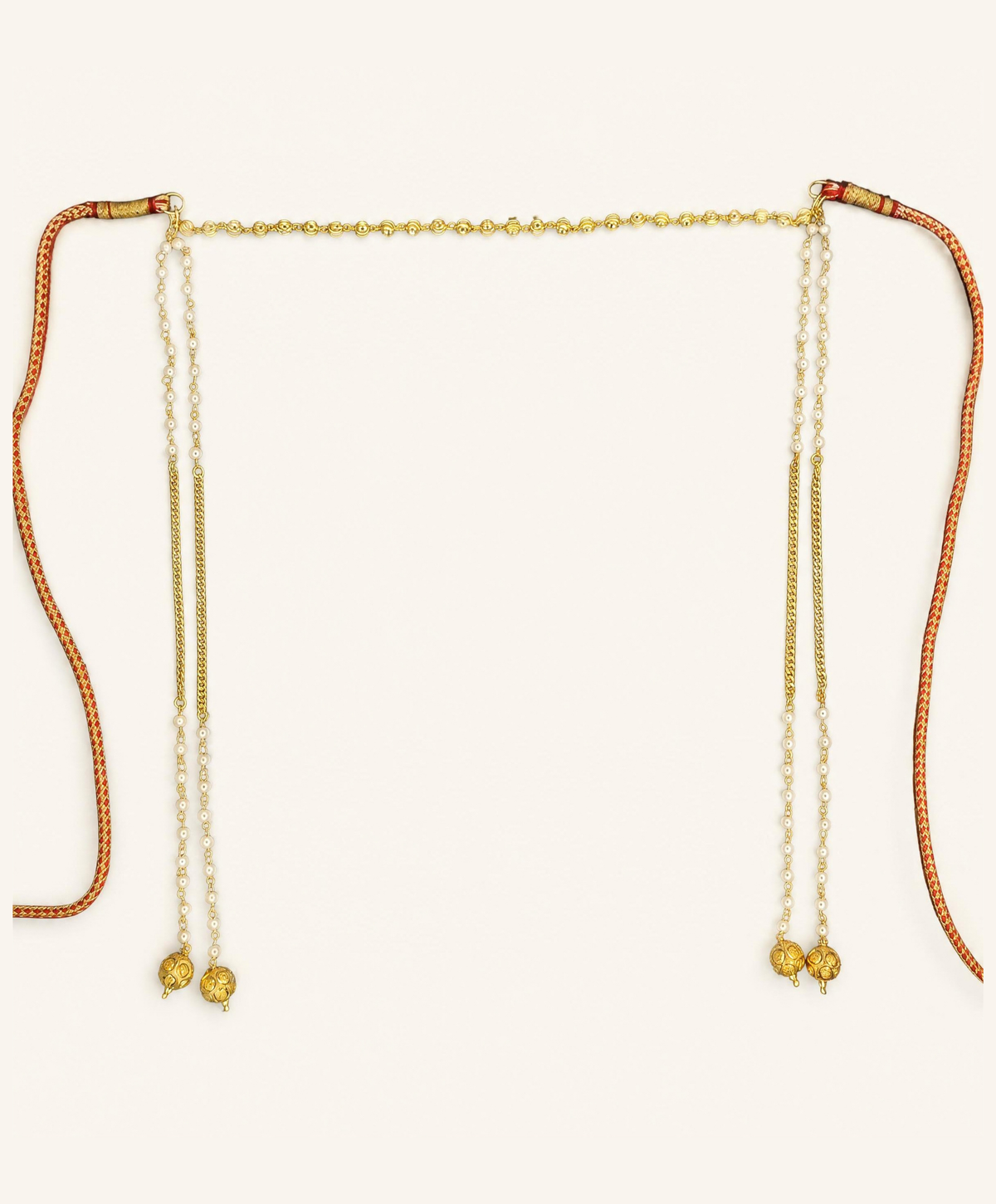 Gold pearl Mundavalya for wedding – gold bead band, moti pearl strands, gold chain and gold ball drops with braided tie cords – Jija Jewellery