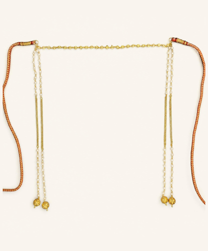 Gold pearl Mundavalya for wedding – gold bead band, moti pearl strands, gold chain and gold ball drops with braided tie cords – Jija Jewellery