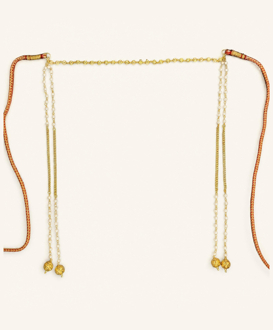 Gold pearl Mundavalya for wedding – gold bead band, moti pearl strands, gold chain and gold ball drops with braided tie cords – Jija Jewellery