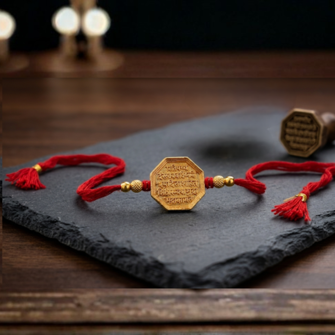 Gold-Plated Rajmudra Rakhi — front view, octagonal Shivaji Maharaj royal seal pendant, handcrafted in Maharashtra