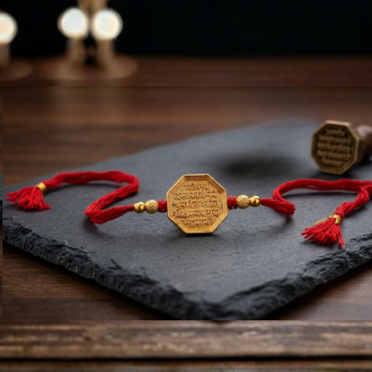 Gold-Plated Rajmudra Rakhi — front view, octagonal Shivaji Maharaj royal seal pendant, handcrafted in Maharashtra