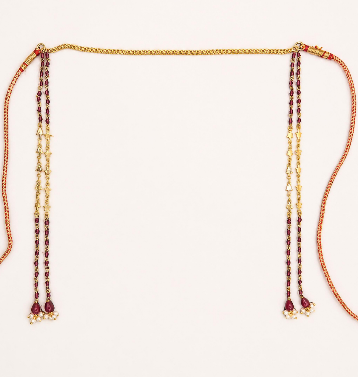 Gold plated red crystal Mundavalya for wedding with gold chain band, maroon crystal bead strands and pearl cluster drops – Jija Jewellery