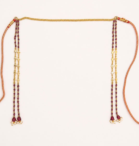 Gold plated red crystal Mundavalya for wedding with gold chain band, maroon crystal bead strands and pearl cluster drops – Jija Jewellery
