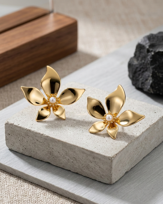 Golden Blossom Floral Stud Earrings — gold plated with pearl center, anti-tarnish, Jija Jewellery