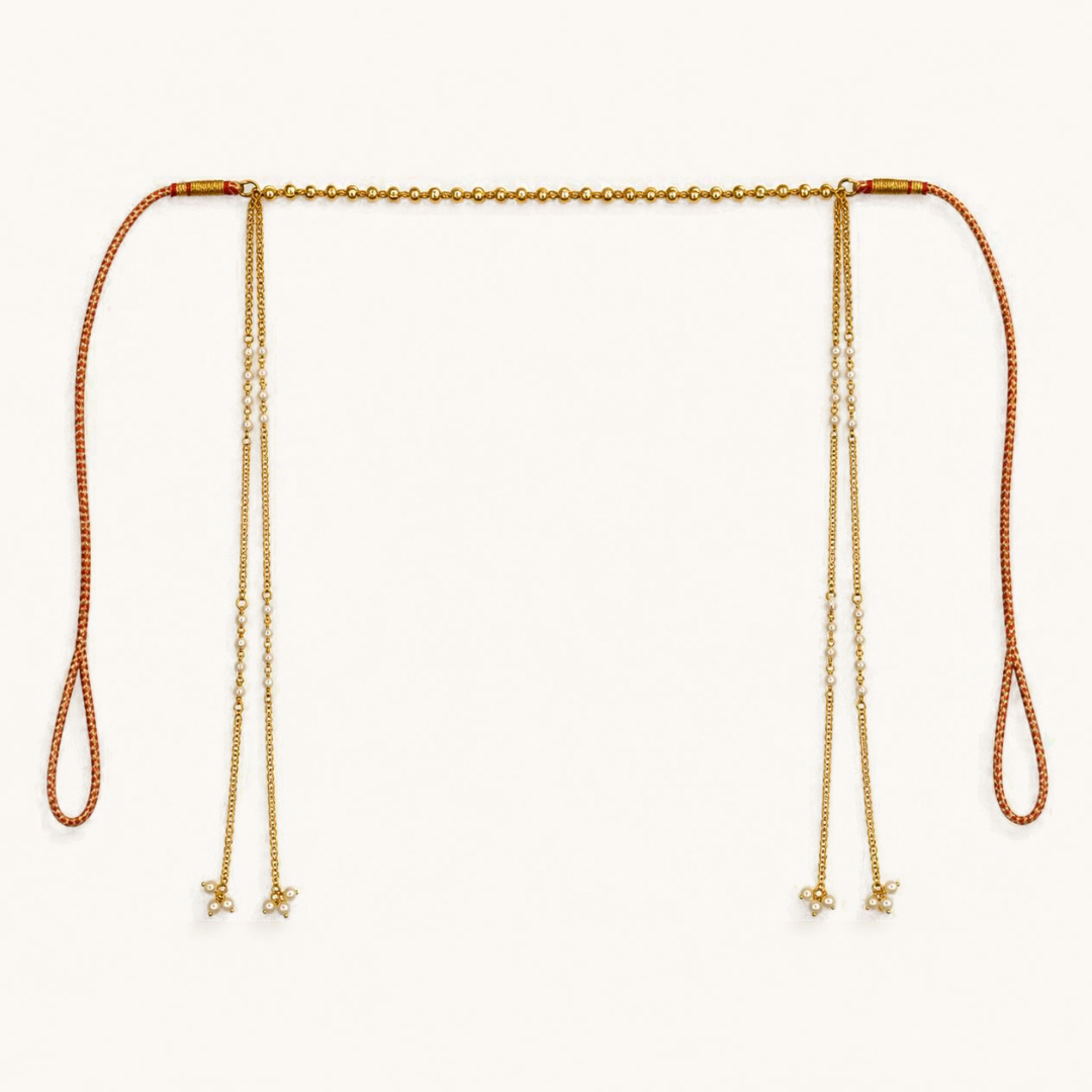 Golden moti mundavalya for wedding with gold plated bead band, pearl-studded chain drops, pearl flower tassels and braided tie cords – Jija Jewellery