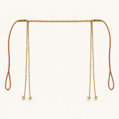 Golden moti mundavalya for wedding with gold plated bead band, pearl-studded chain drops, pearl flower tassels and braided tie cords – Jija Jewellery