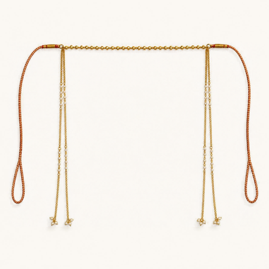 Golden moti mundavalya for wedding with gold plated bead band, pearl-studded chain drops, pearl flower tassels and braided tie cords – Jija Jewellery