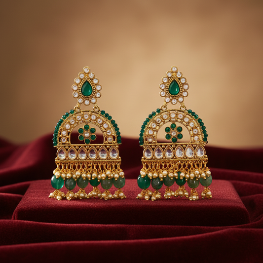 Green Luxe Spark Earrings – Gold Plated Dangle Earrings with Green CZ & Rodo Stones | Ethnic Festive Jewellery | Jija Jewellery