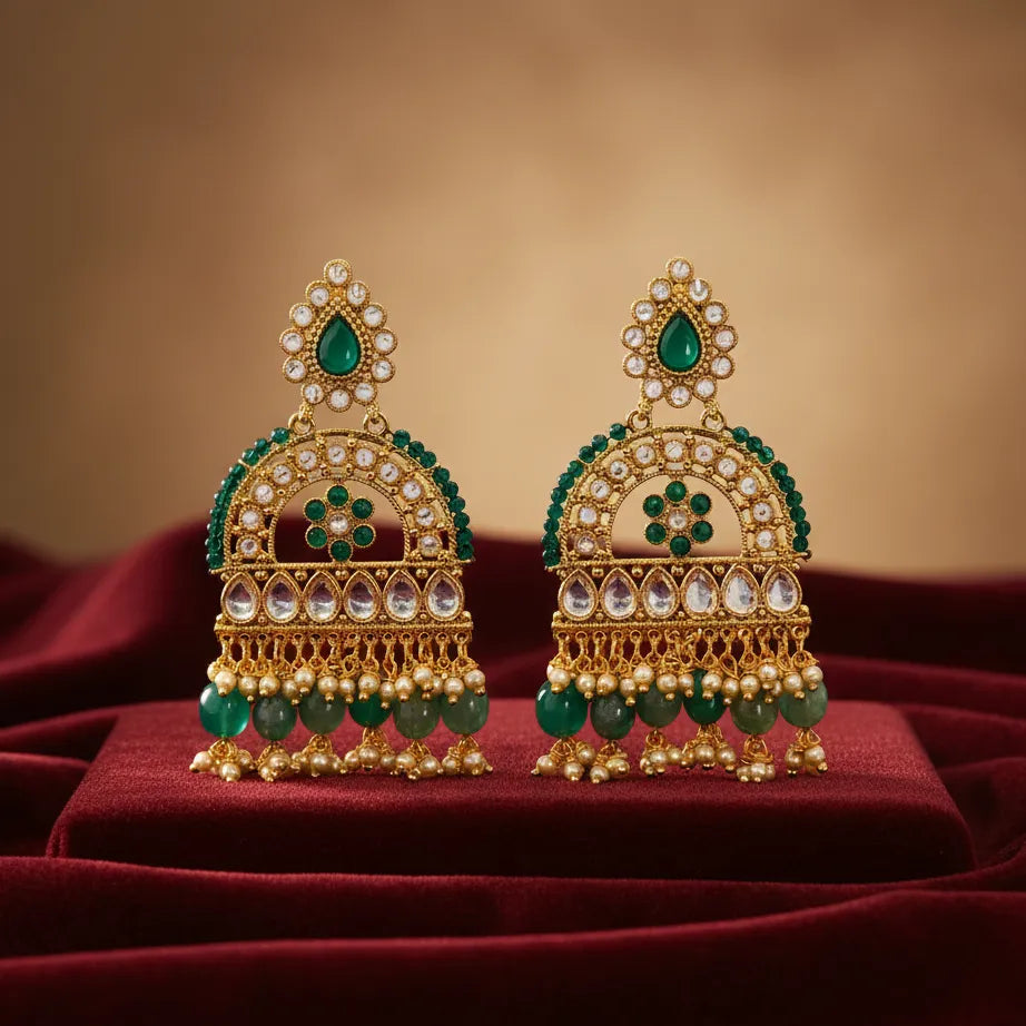 Green Luxe Spark Earrings – Gold Plated Dangle Earrings with Green CZ & Rodo Stones | Ethnic Festive Jewellery | Jija Jewellery