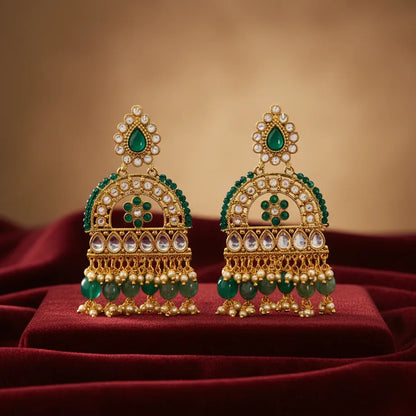 Green Luxe Spark Earrings – Gold Plated Dangle Earrings with Green CZ & Rodo Stones | Ethnic Festive Jewellery | Jija Jewellery