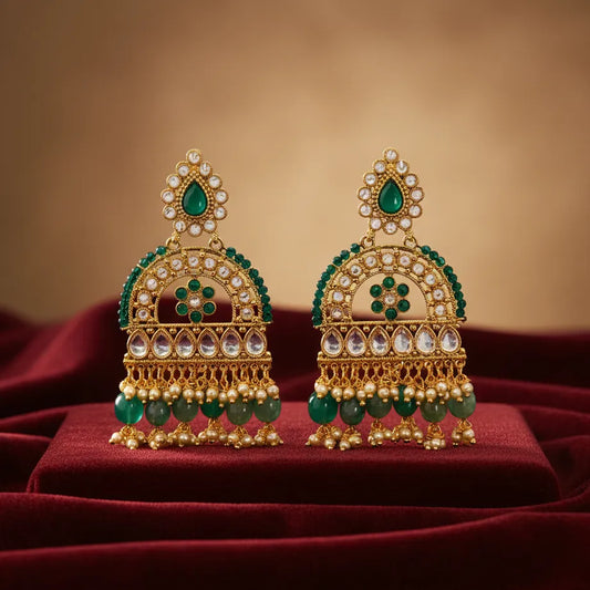 Green Luxe Spark Earrings – Gold Plated Dangle Earrings with Green CZ & Rodo Stones | Ethnic Festive Jewellery | Jija Jewellery