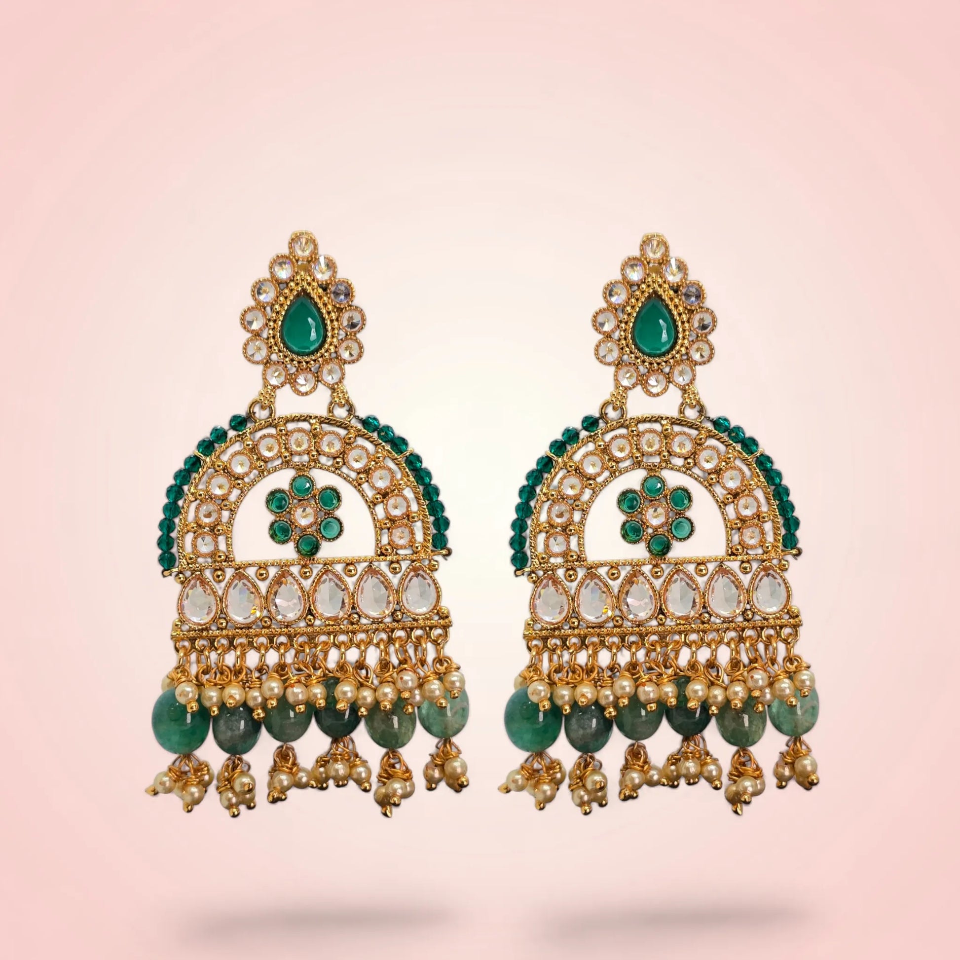 Green Luxe Spark Earrings Worn – Green CZ & Rodo Stone Ethnic Dangle Earrings Handcrafted in Satara | Jija Jewellery