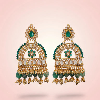 Green Luxe Spark Earrings Worn – Green CZ & Rodo Stone Ethnic Dangle Earrings Handcrafted in Satara | Jija Jewellery