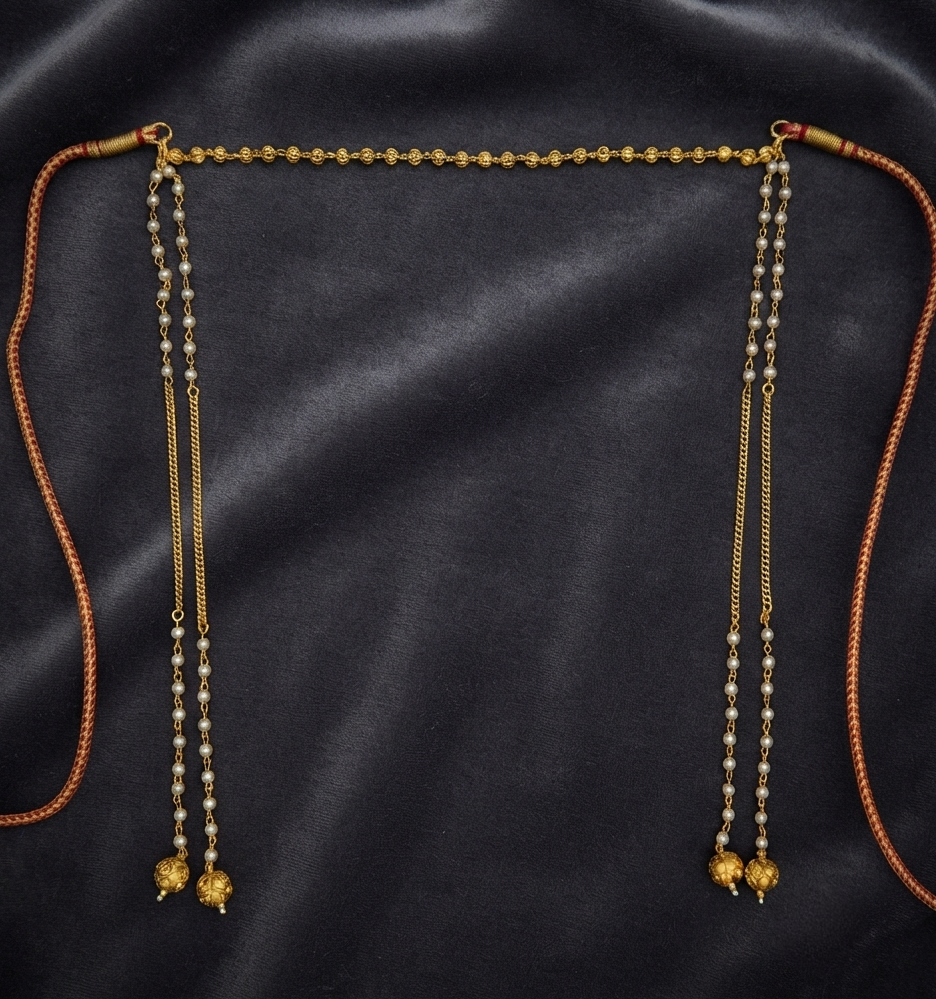 Gold plated moti Mundavalya with pearl strands and gold ball drops on dark velvet – handcrafted in Satara, India