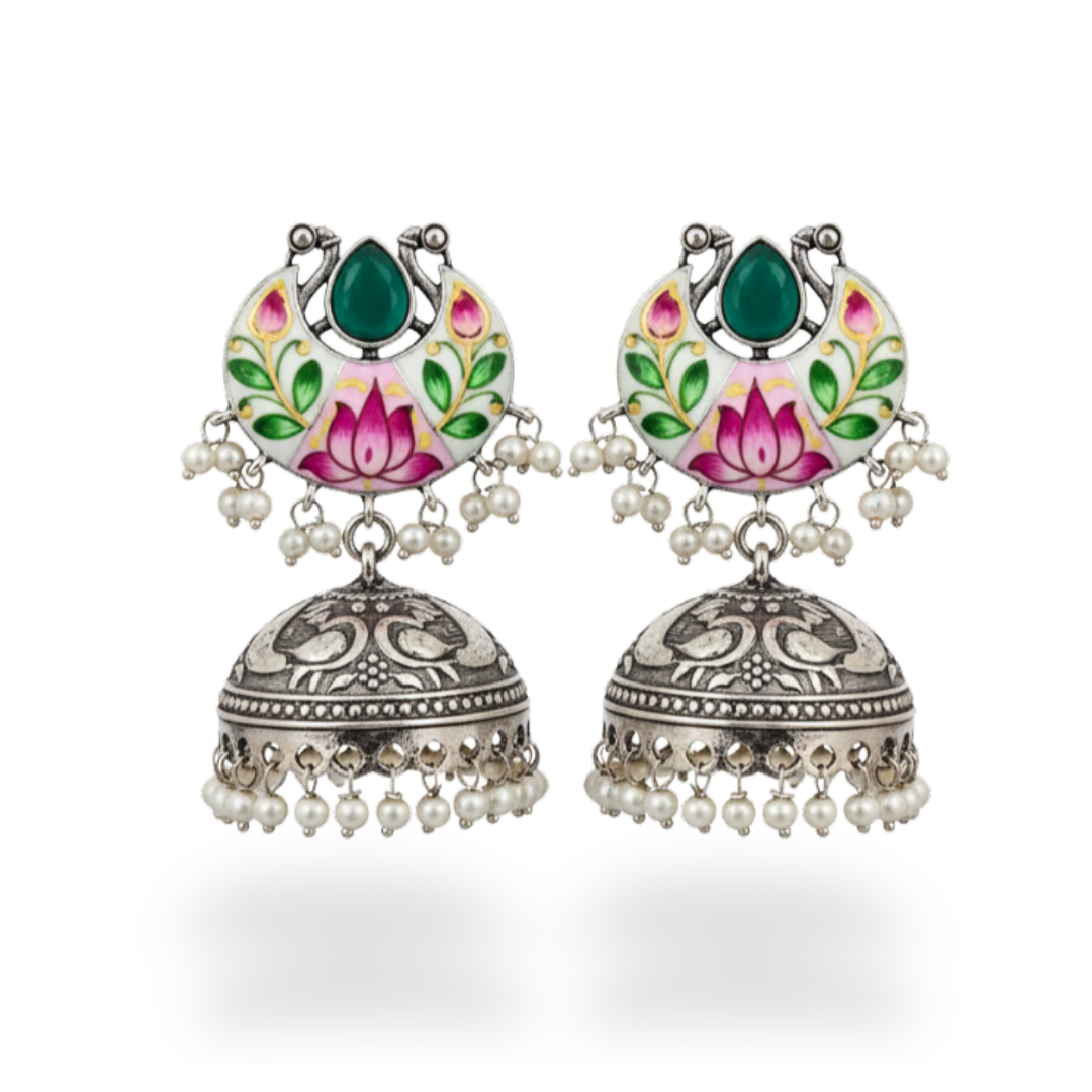 Handpainted oxidised jhumka earrings with multicolour hand-painted art – ethnic festive wear by Jija Jewellery