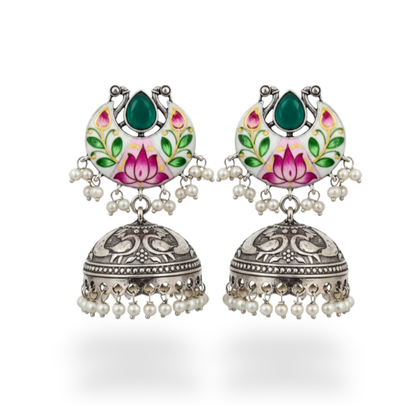 Handpainted oxidised jhumka earrings with multicolour hand-painted art – ethnic festive wear by Jija Jewellery